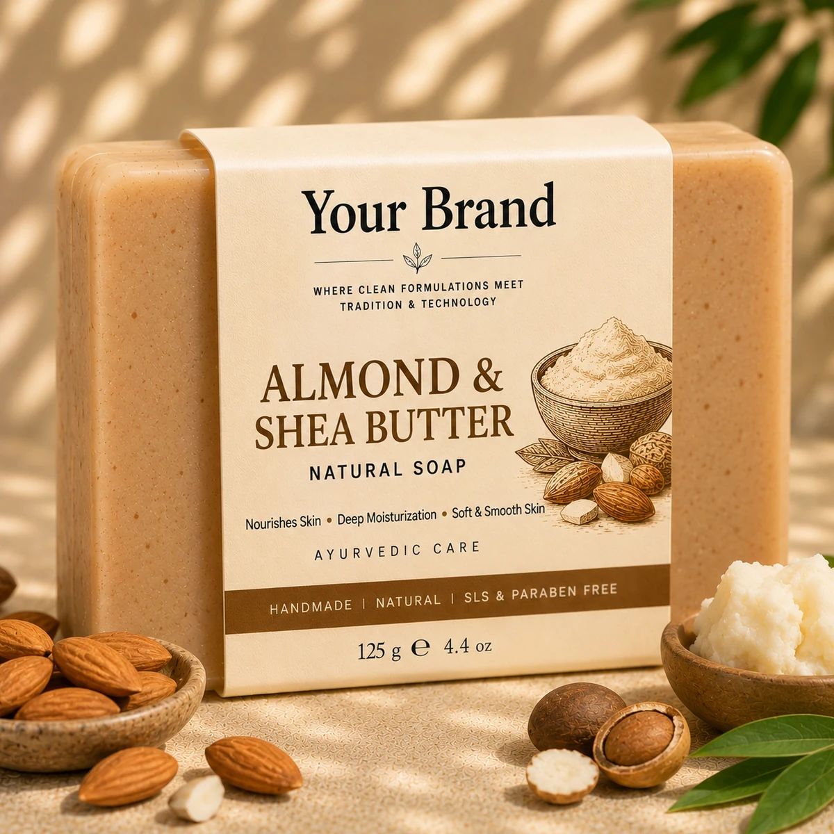 Illustrative private-label mockup of Almond & Shea Butter Glycerine Bathing Bar