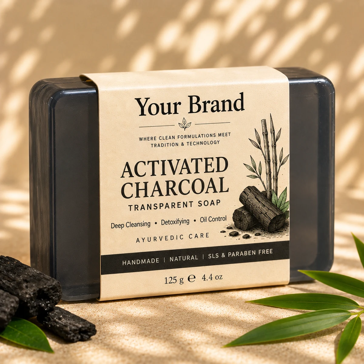 Illustrative private-label mockup of Charcoal Glycerine Bathing Bar