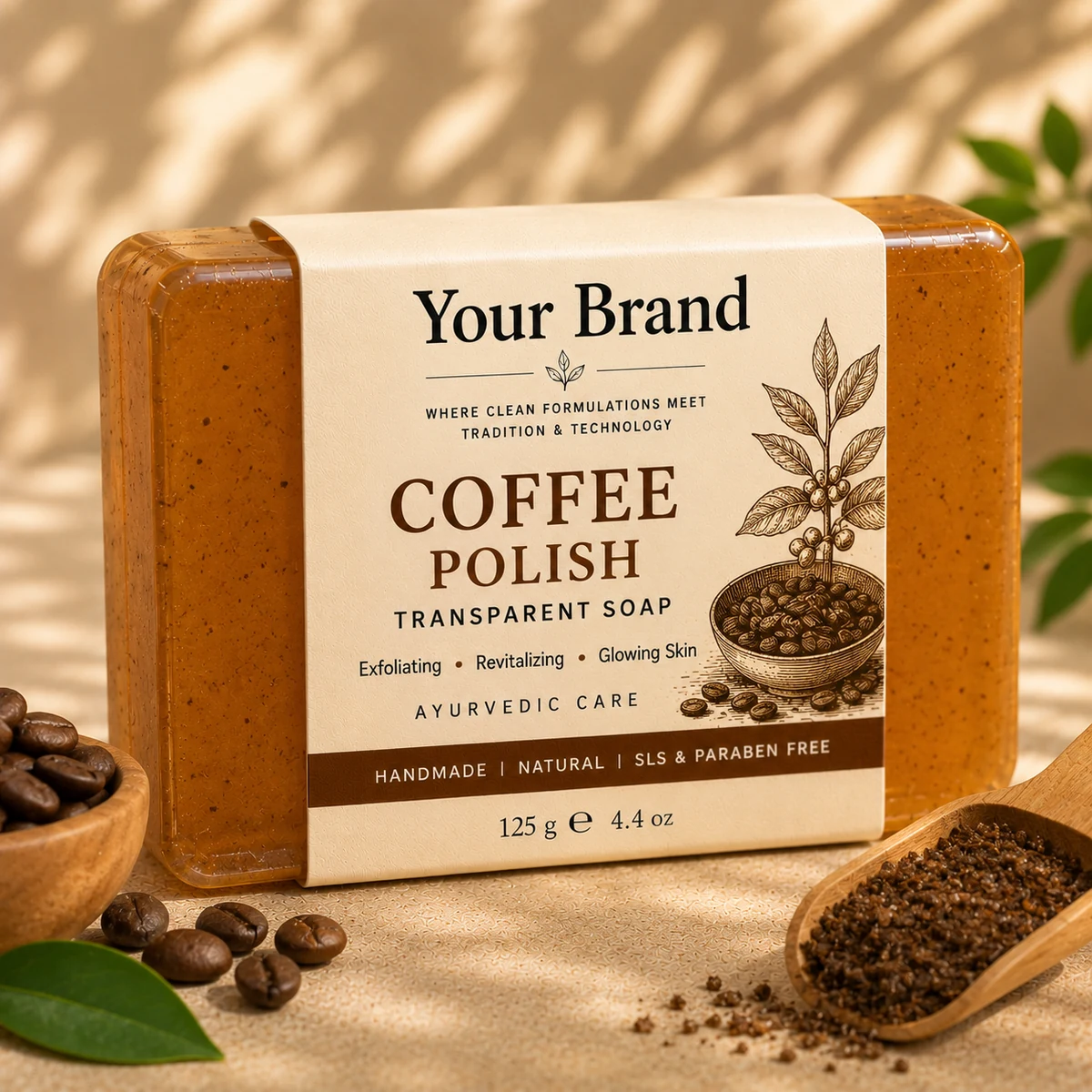 Illustrative private-label mockup of Coffee Polish Glycerine Bathing Bar