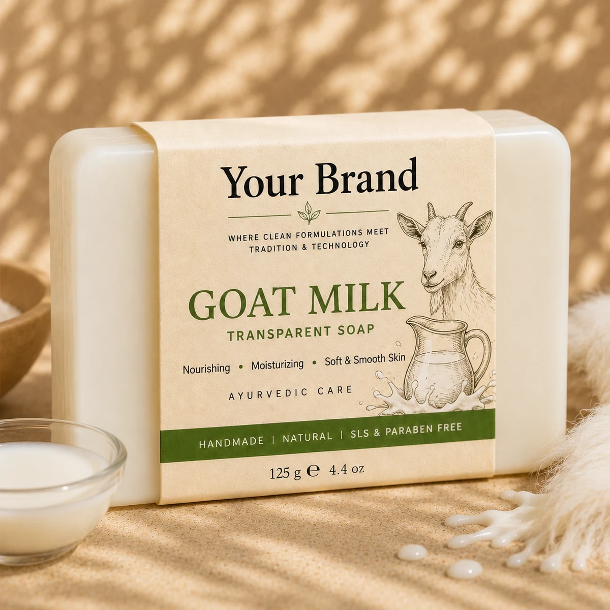 Illustrative private-label mockup of Goat Milk Glycerine Bathing Bar