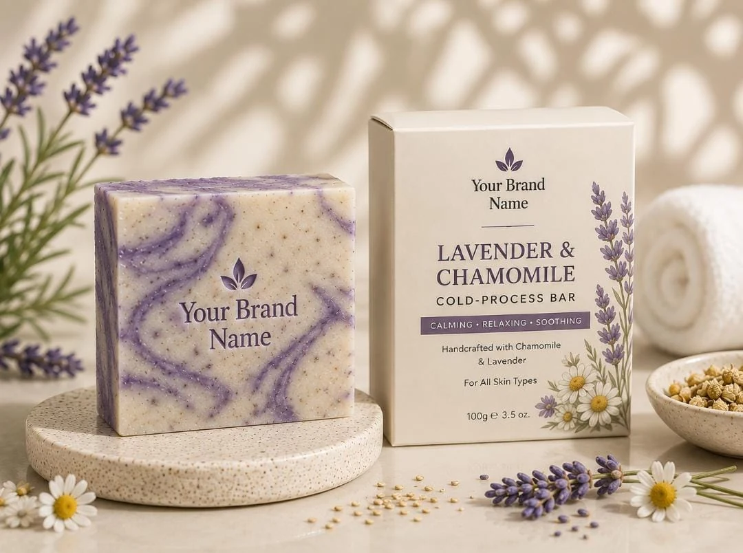 Illustrative private-label mockup of Lavender & Chamomile Cold-Process Bar
