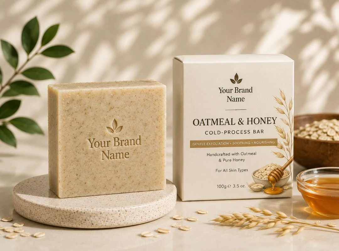 Illustrative private-label mockup of Oatmeal & Honey Cold-Process Bar