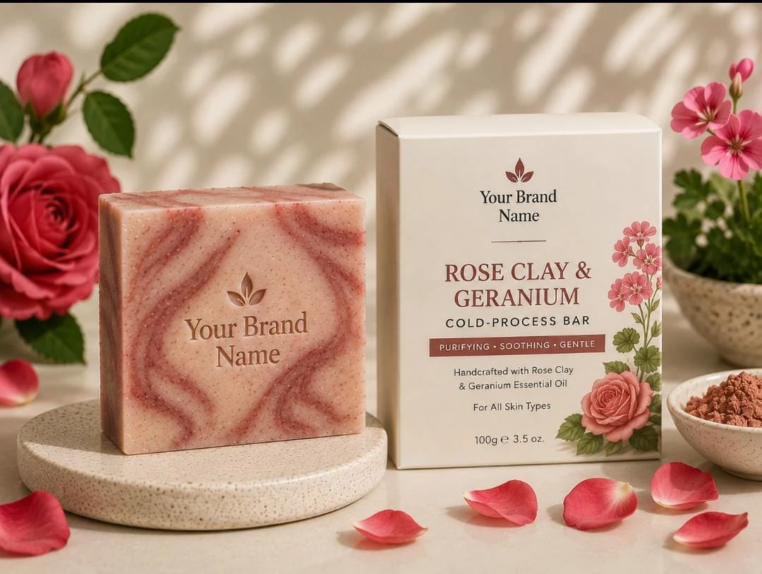Illustrative private-label mockup of Rose Clay & Geranium Cold-Process Bar