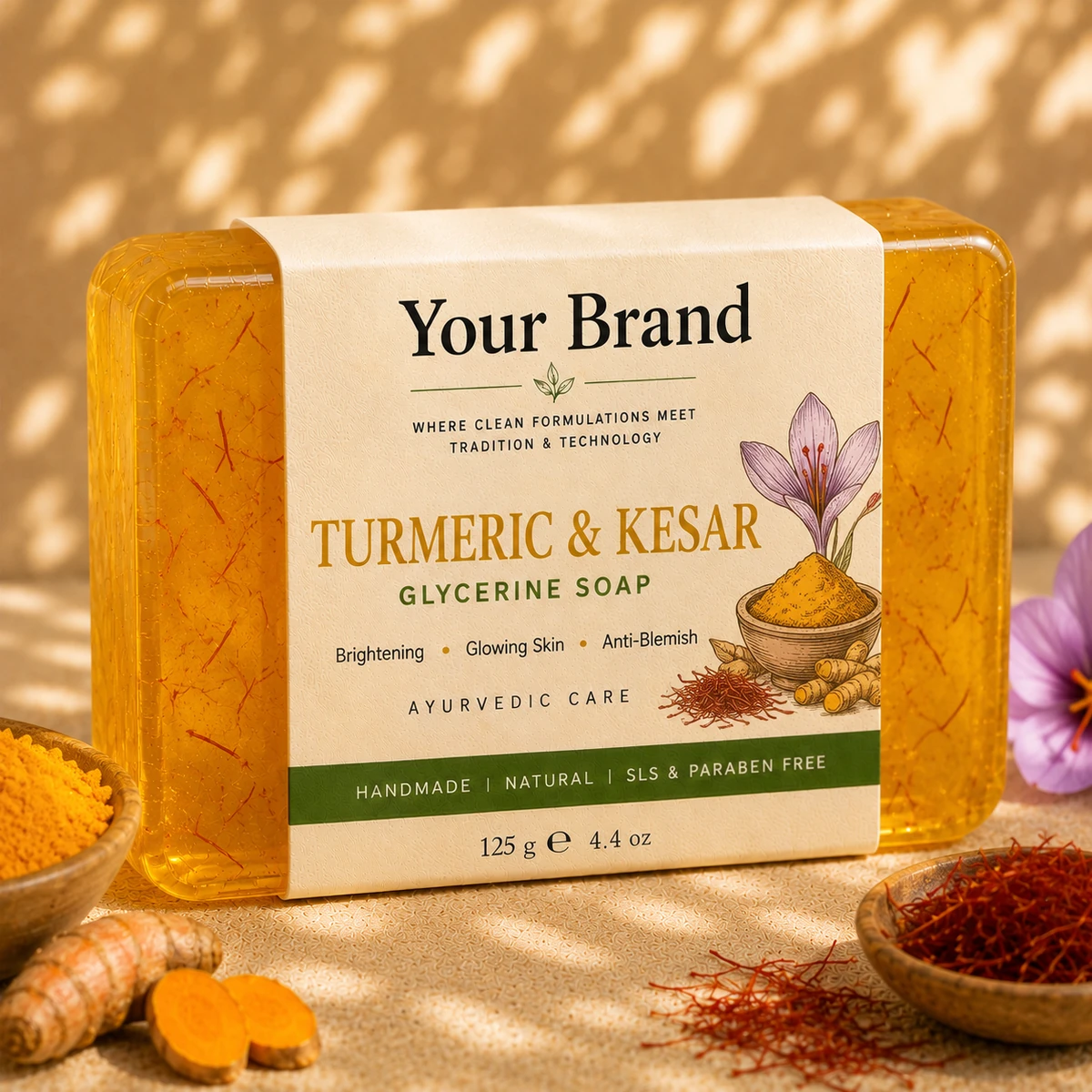 Illustrative private-label mockup of Turmeric & Kesar Glycerine Bathing Bar